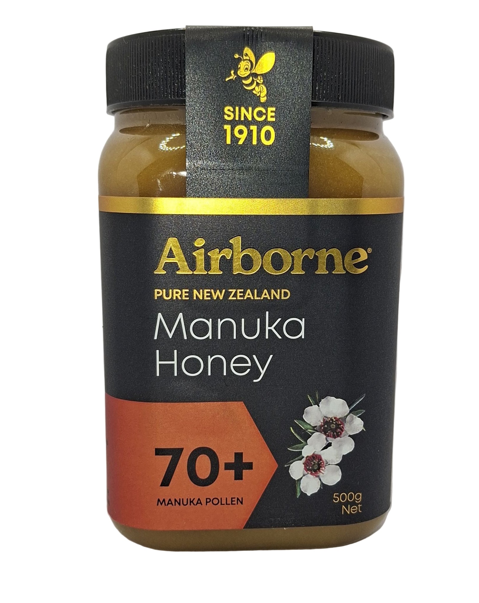 Airborne Manuka Honey jar with black lid on a white background