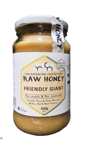 Friendly giant is cold-extracted, pure, raw honey made from a blend of the nectars of red and grey mallee trees growing in the Annello flora & fauna reserve of north-eastern Victoria